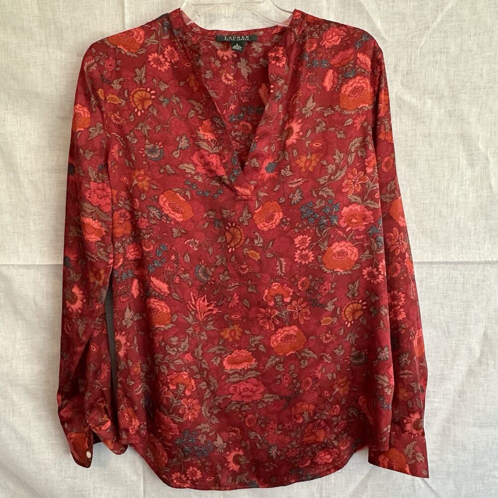 Lauren Ralph Lauren Blouse Small Red Floral Long Sleeve V Neck Excellent